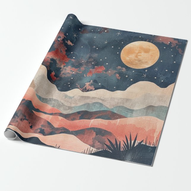 Boho Desert Moon Indigo Copper Celestial Landscape Wrapping Paper (Unrolled)