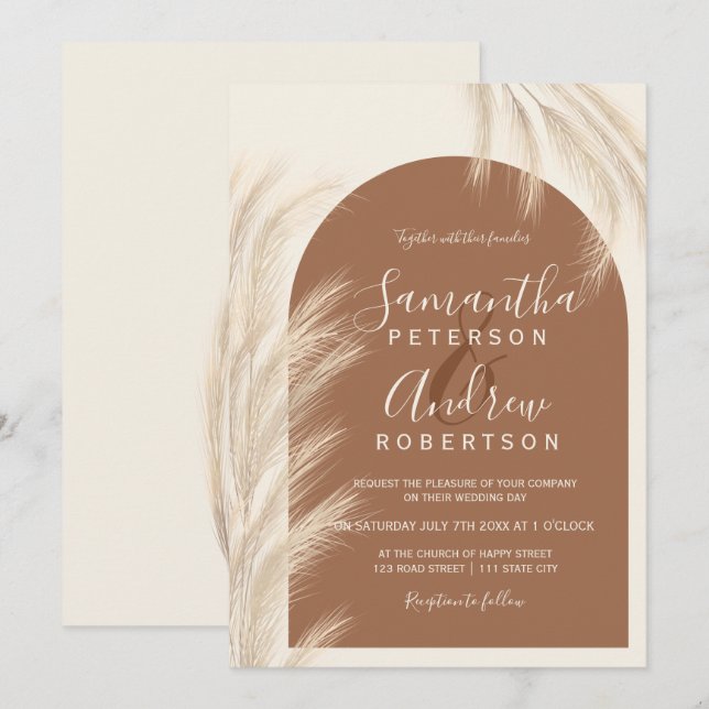 Boho desert pampas grass watercolor wedding invitation (Front/Back)