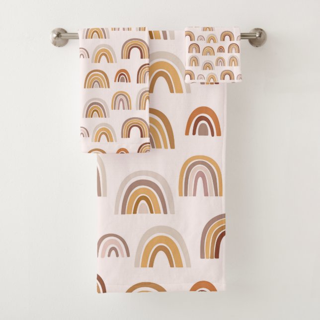 Boho Desert Rainbow Abstract Arch Pattern Taupe Bath Towel Set (Insitu)