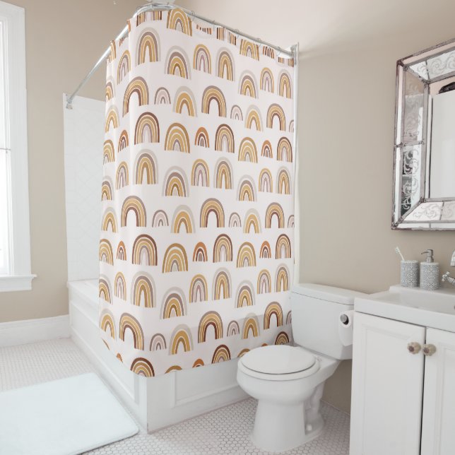 Boho Desert Rainbow Abstract Arch Pattern Taupe Shower Curtain (In Situ)