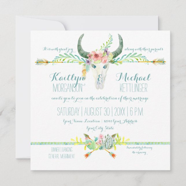 BOHO Desert South Western Floral Cow Skull Arrows Invitation (Front)