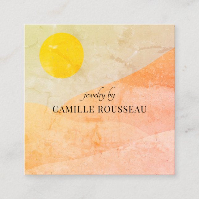 Boho Desert Sunrise Mountains Handcrafted Jeweller Square Business Card (Front)