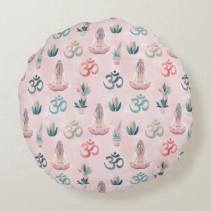 Boho Design- Frau mit Dreadlocks- Meditation- OM Round Cushion