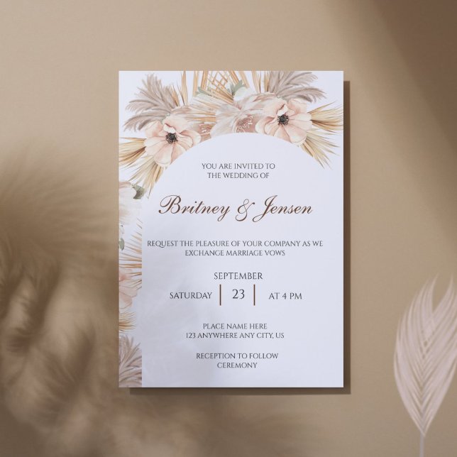 Boho design of dried palms and leaves for wedding invitation (Modern boho wedding invitation with pampas grass arch and elegant minimalist typography.)