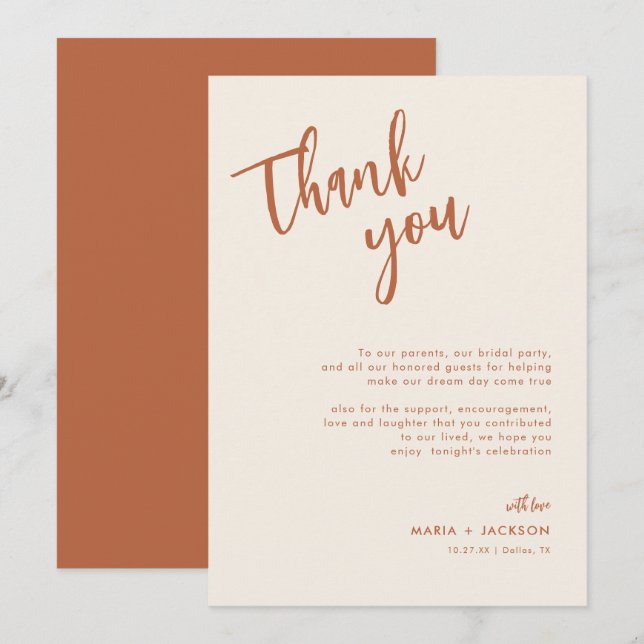 Boho Dessert Wedding Menu Thank You Note Cards (Front/Back)