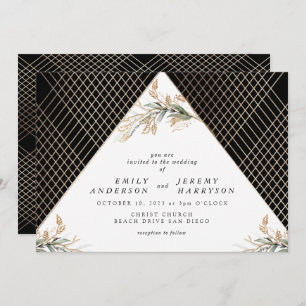 Boho Diamond Foil Onyx Deco Gold Eucalyptus Invitation