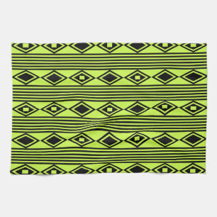 Boho Diamonds Stripes Black Chartreuse Tea Towel