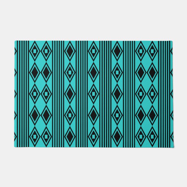 Boho Diamonds Stripes Black Turquoise Doormat (Front)