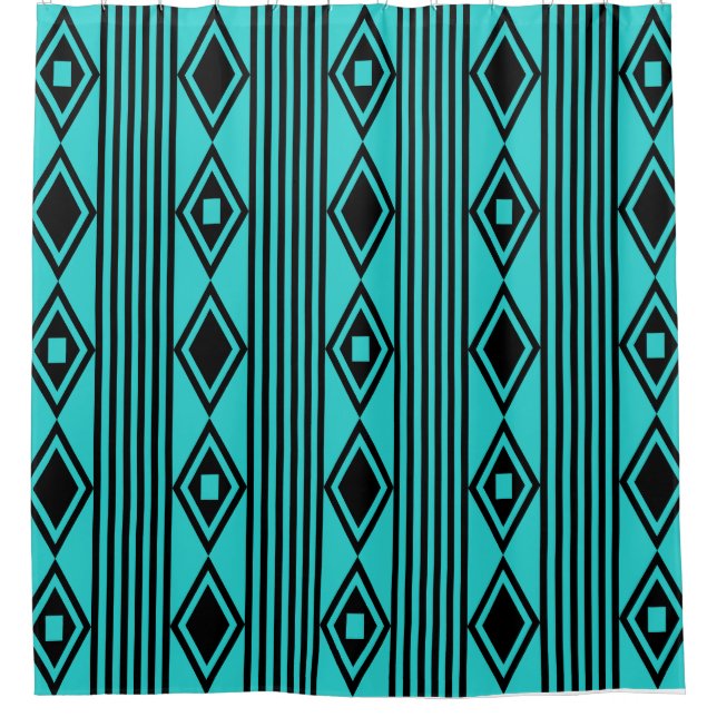 Boho Diamonds Stripes Black Turquoise Shower Curtain (Front)