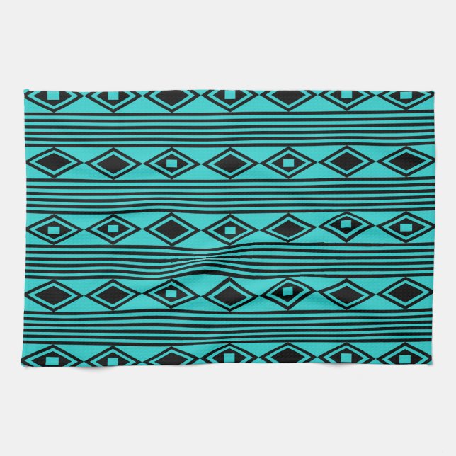 Boho Diamonds Stripes Black Turquoise Tea Towel (Horizontal)