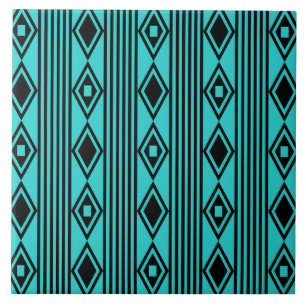 Boho Diamonds Stripes Black Turquoise Tile