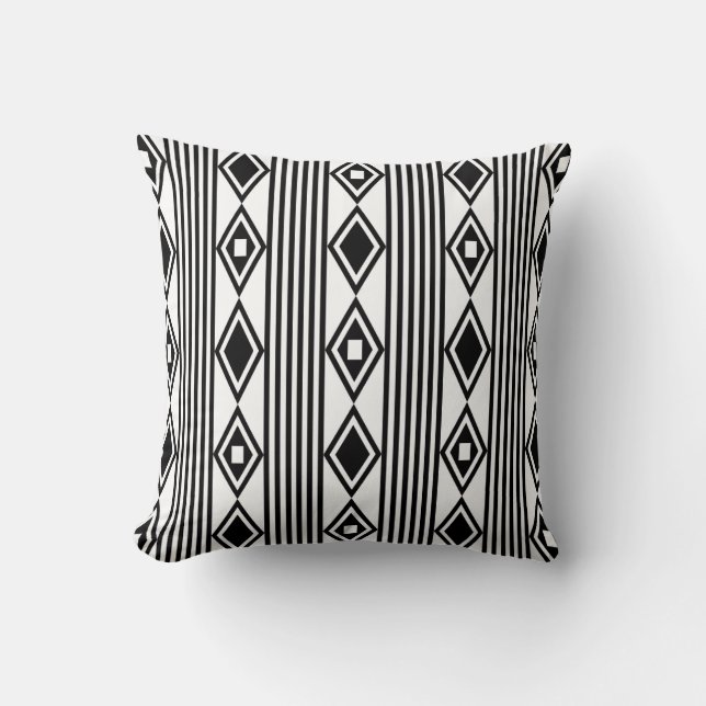 Boho Diamonds Stripes Black White Cushion (Front)