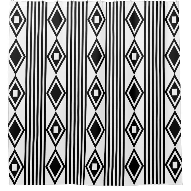 Boho Diamonds Stripes Black White Shower Curtain (Front)