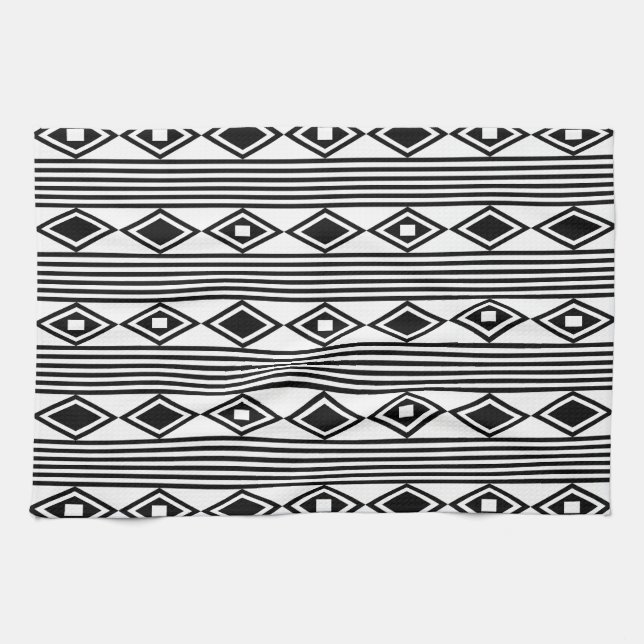Boho Diamonds Stripes Black White Tea Towel (Horizontal)
