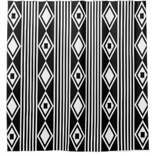 Boho Diamonds Stripes White Black Shower Curtain