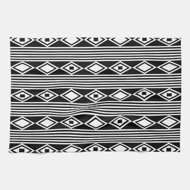 Boho Diamonds Stripes White Black Tea Towel (Horizontal)