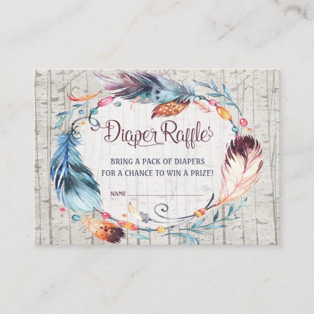 Boho Diaper Raffle Rustic Bohemian Feathers Enclosure Card (Front)