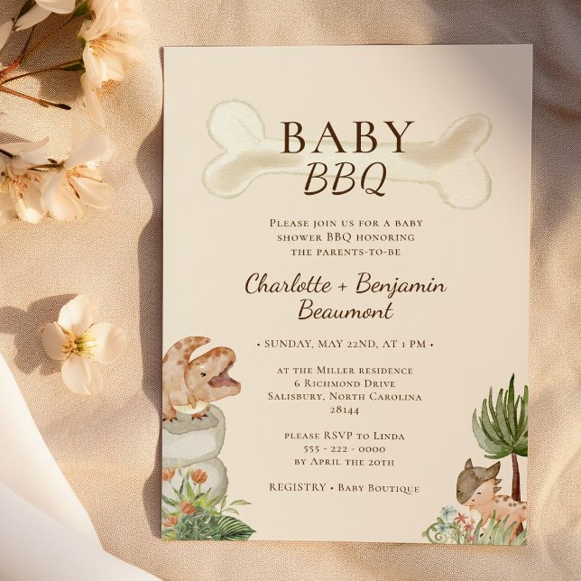 Boho Dinosaur Beige Baby BBQ Baby Shower Invitation (Creator Uploaded)