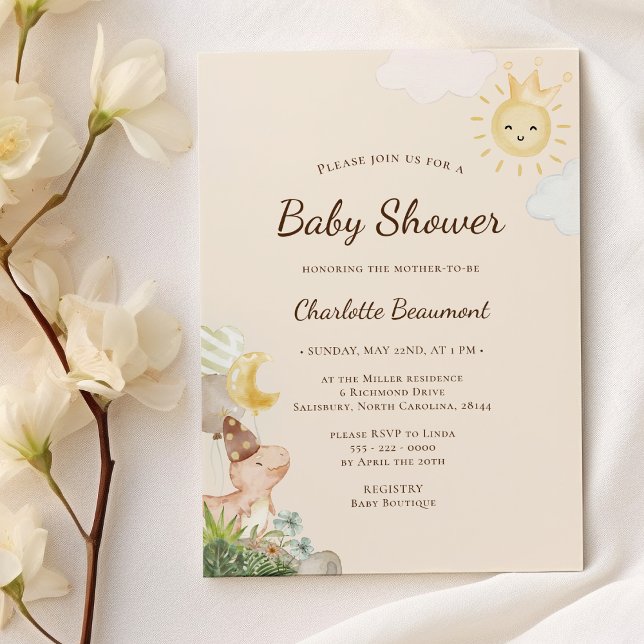 Boho Dinosaur Beige Gender Neutral Baby Shower Invitation (Creator Uploaded)