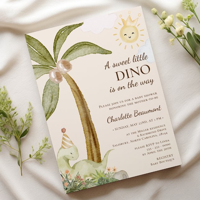 Boho Dinosaur Beige Sweet Little Baby Shower Invitation (Creator Uploaded)
