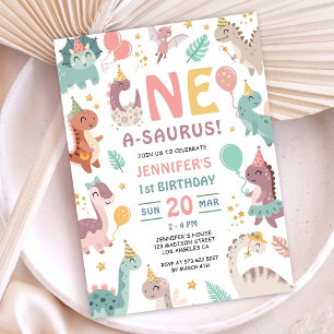 Boho Dinosaur Girl 1st Birthday Invitation