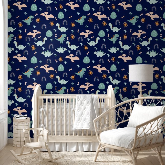 Boho Dinosaurs Adventure Dark Blue Nursery Wallpaper (Kids)