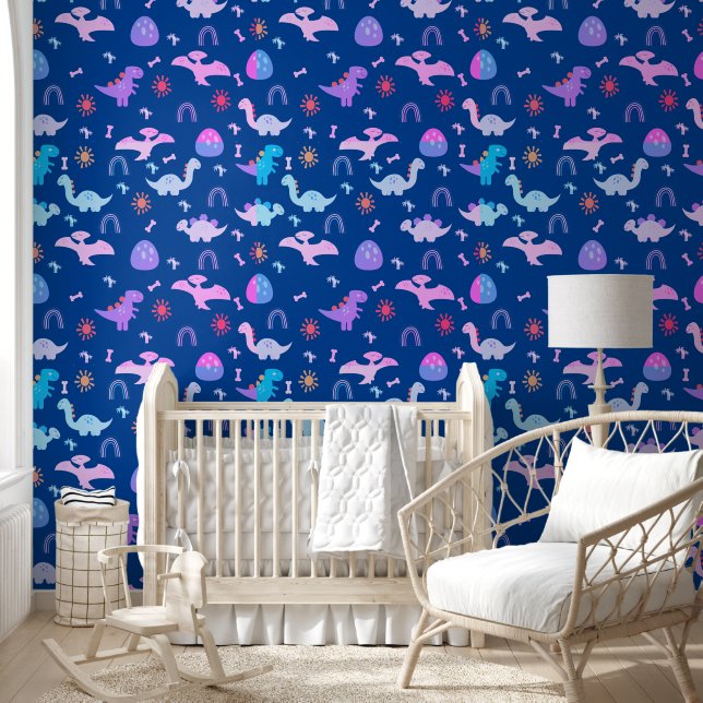 Boho Dinosaurs Colourful Dark Blue Nursery Wallpaper (Kids)