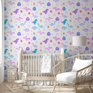 Boho Dinosaurs Pink Purple Blue Nursery Wallpaper