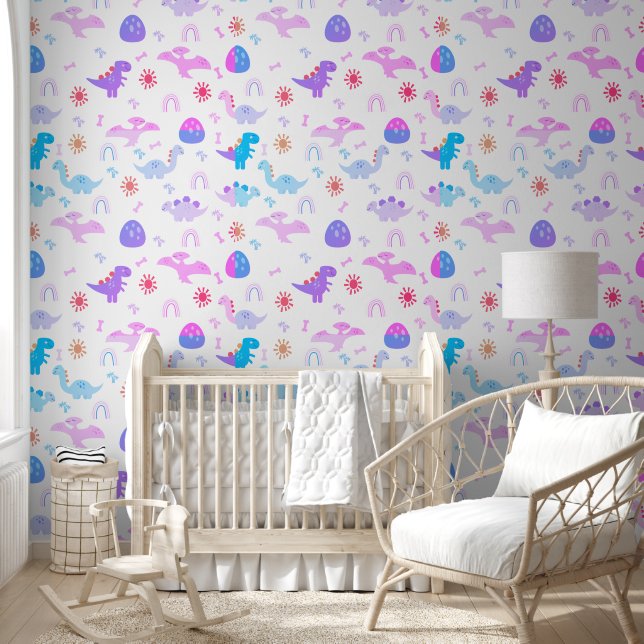 Boho Dinosaurs Pink Purple Blue Nursery Wallpaper (Kids)
