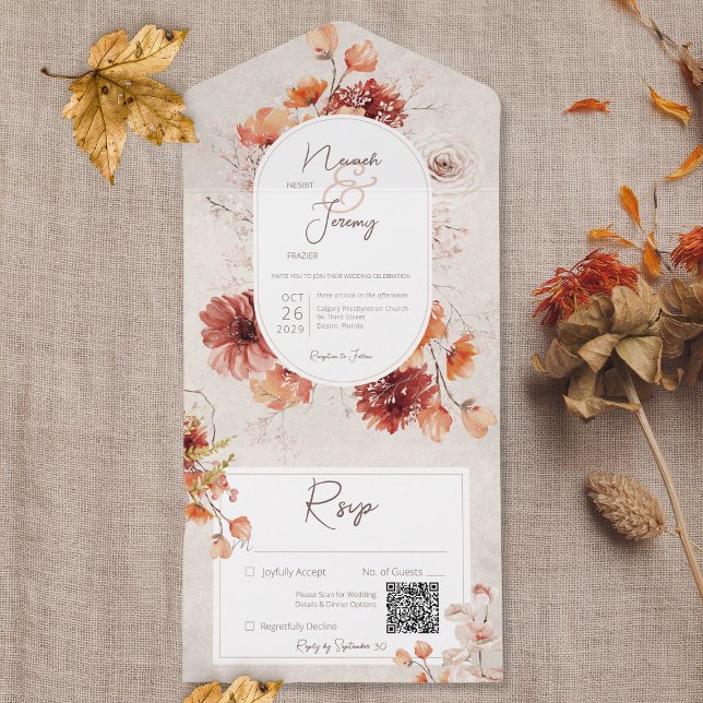 Boho Distressed Cream Fall Floral QR Code All In One Invitation (Creator Uploaded)