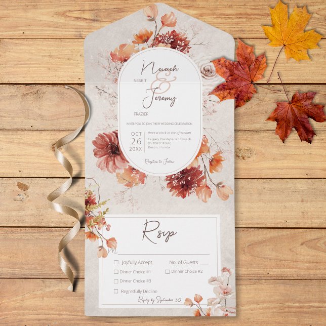 Boho Distressed Cream Fall Floral Three Dinner All In One Invitation (Boho Distressed Cream Fall Floral Three Dinner All In One Invitation)
