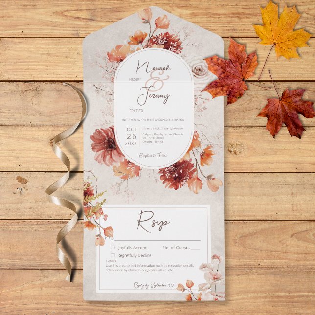 Boho Distressed Cream Rust Fall Floral Details All In One Invitation (Boho Distressed Cream Rust Fall Floral Details All In One Invitation)
