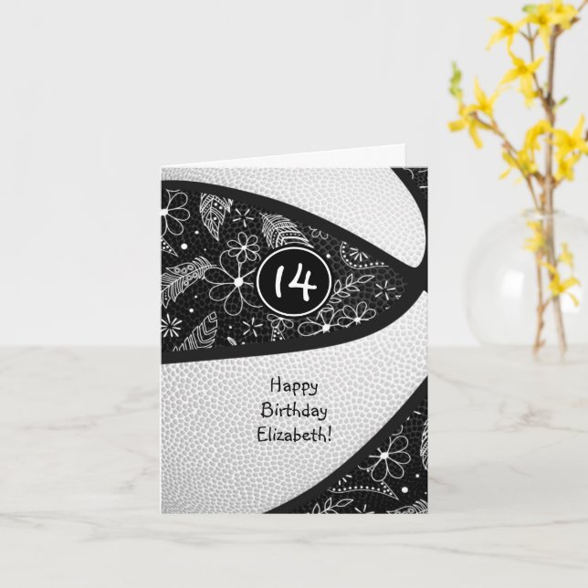 boho doodle black white girly basketball birthday card (Yellow Flower)