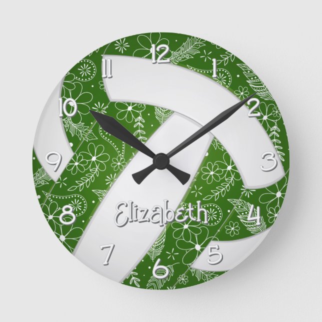 boho doodle floral green white volleyball round clock (Front)