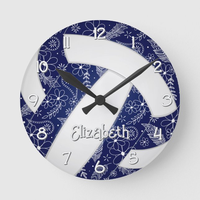 boho doodle floral navy blue white volleyball round clock (Front)
