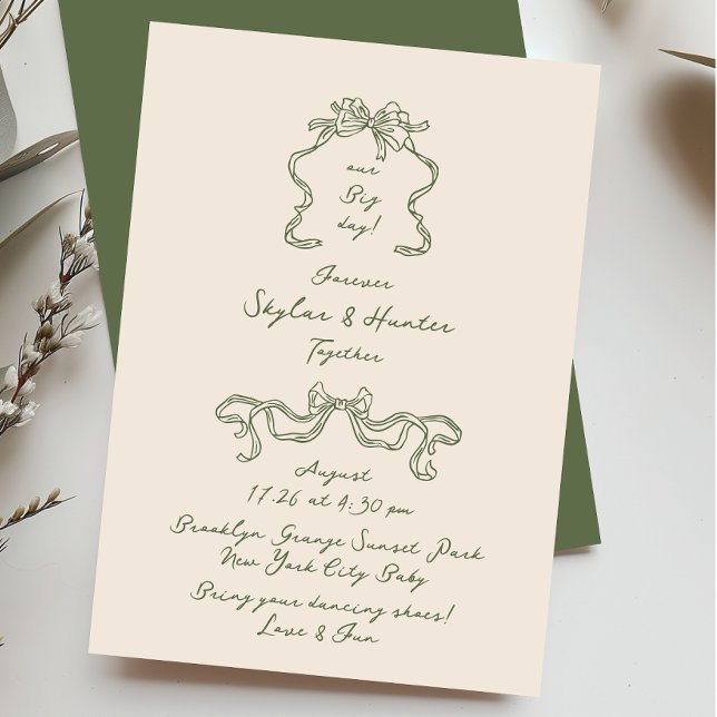 Boho Doodle Handwritten Retro Sage & Cream Wedding Invitation (Creator Uploaded)