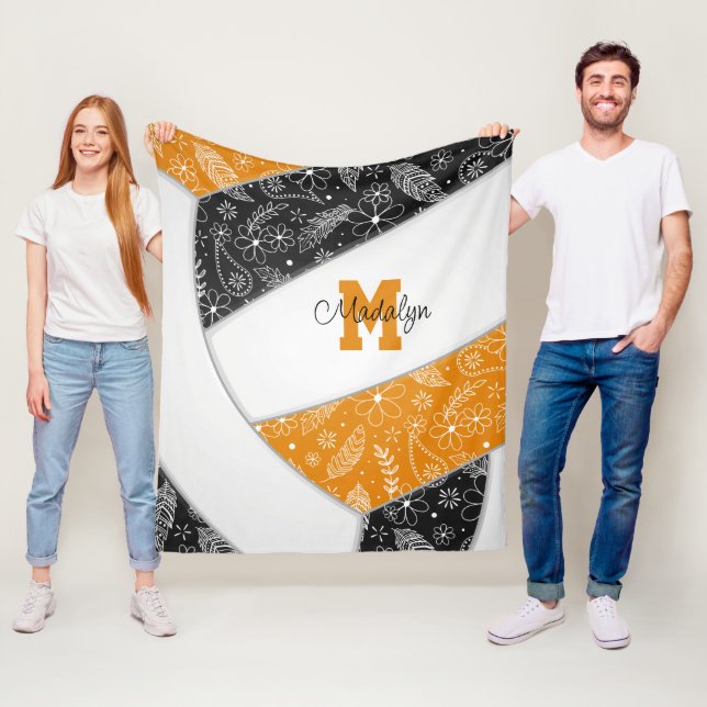 Boho doodle pattern black orange volleyball fleece blanket (In Situ)