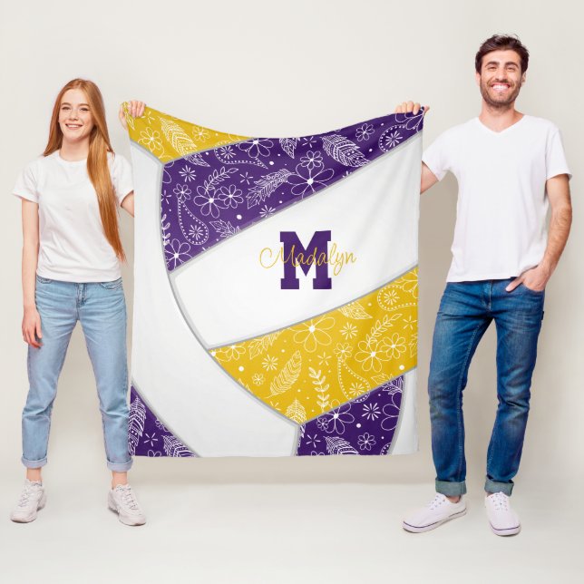 Boho doodle pattern purple gold volleyball fleece blanket (In Situ)