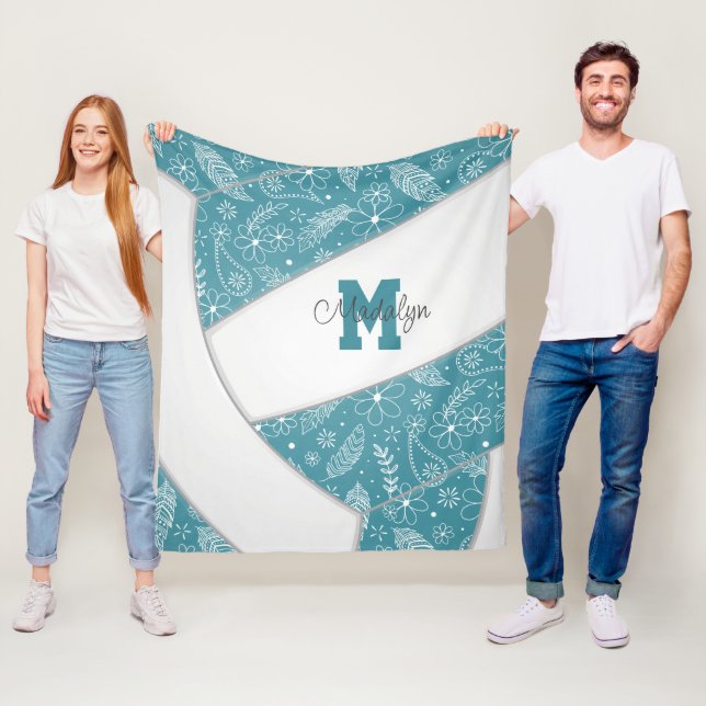 Boho doodle pattern teal white volleyball fleece blanket (In Situ)