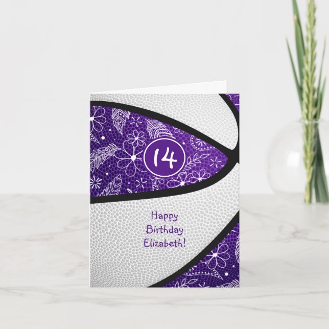 boho doodle purple white girly basketball birthday card (Front)