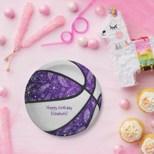 boho doodles purple white basketball celebration paper plate