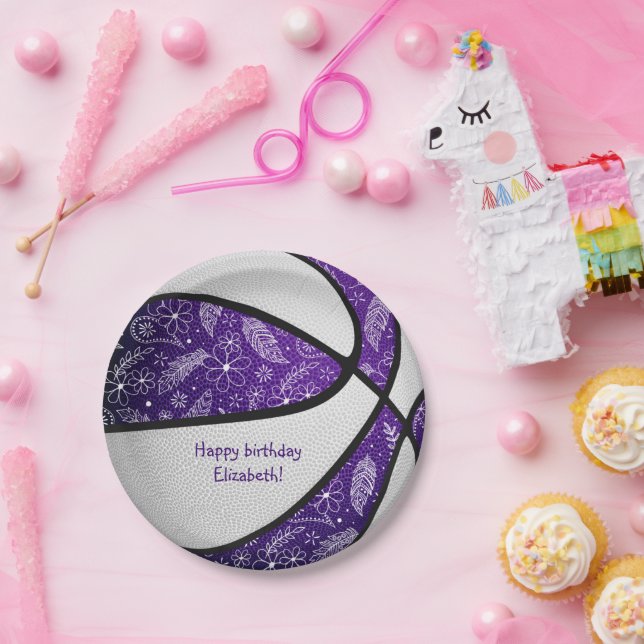 boho doodles purple white basketball celebration paper plate (Party)