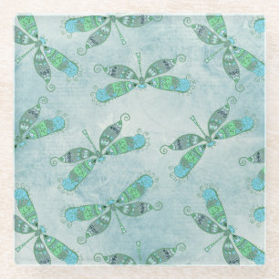 Boho Dragonflies in Blue Glass Coaster