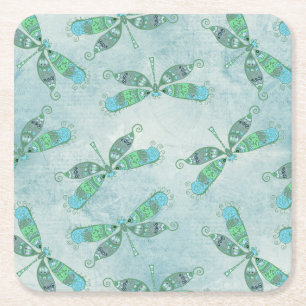 Boho Dragonflies in Blue Square Paper Coaster