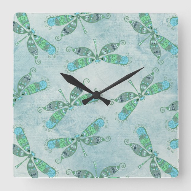 Boho Dragonflies in Blue Square Wall Clock (Front)