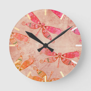 Boho Dragonflies in Pink Round Clock