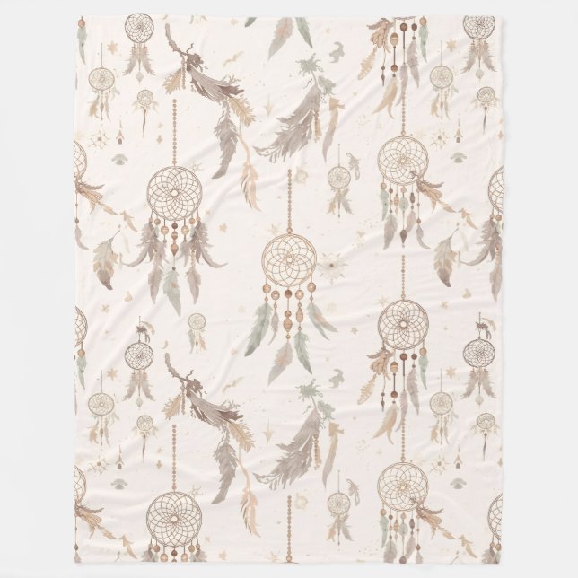 Boho Dream Catcher Celestial Feathers Soft Fleece Blanket (Front)