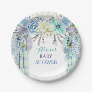 Boho Dream Catcher Feather Tribal Aqua Blue Paper Plate