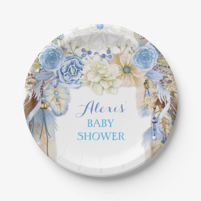 Boho Dream Catcher Feather Tribal Blue Ivory Paper Plate (Front)