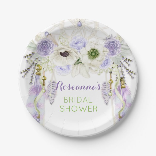 Boho Dream Catcher Feather Tribal Lavender Paper Plate (Front)